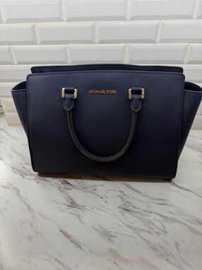 Michael Kors Navy Saffiano Satchel (30S3GLMS7L) with Gold Hardware